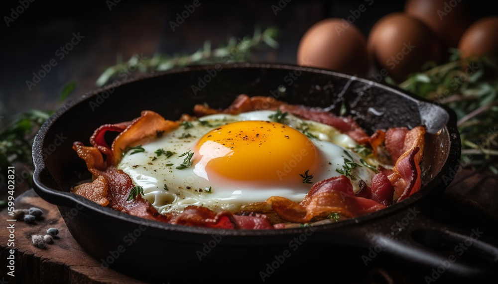 Freshly cooked gourmet meal on rustic cast iron generated by AI