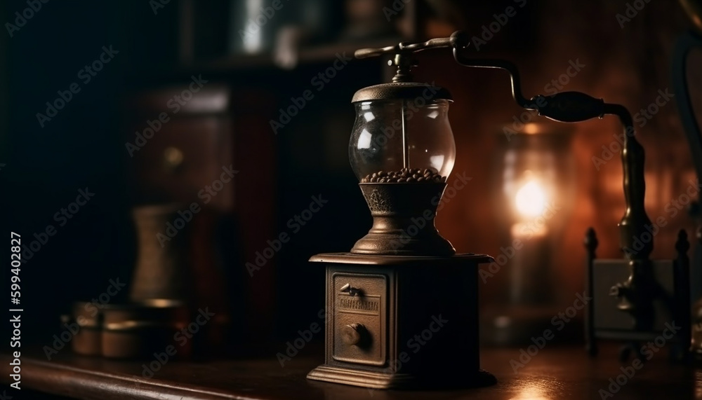 Dark coffee cup on rustic wooden table generated by AI