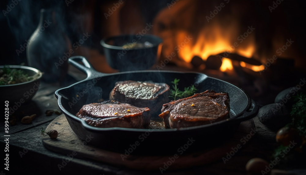 Grilled sirloin steak on rustic wooden table generated by AI