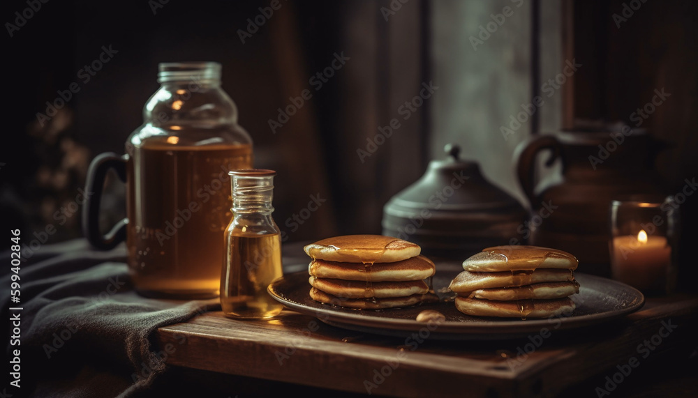 Gourmet pancake stack on rustic wooden table generated by AI