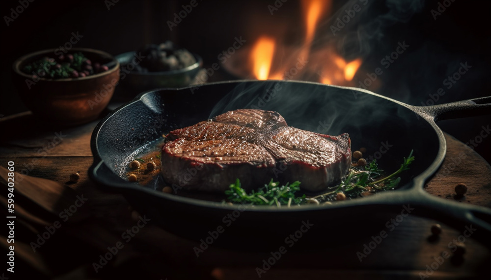 Grilled steak on wood plate, rustic gourmet meal generated by AI