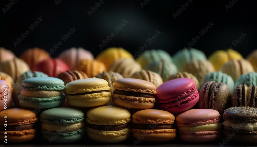 Multi colored macaroons in a gourmet dessert stack generated by AI