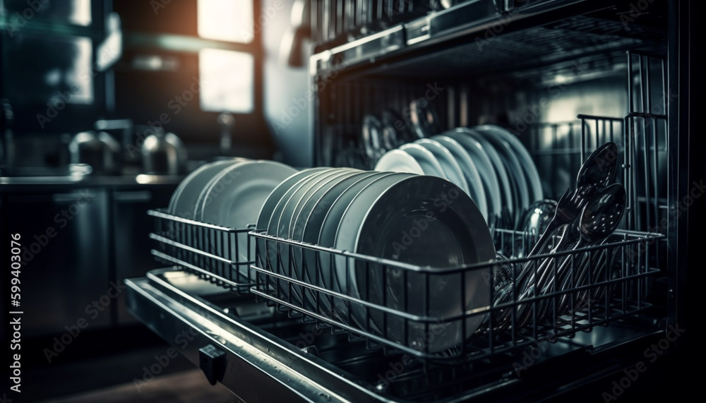 Stack of clean crockery in modern dishwasher generated by AI