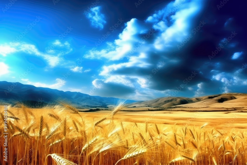 golden wheat field with a cloudy blue sky as the backdrop Generative AI