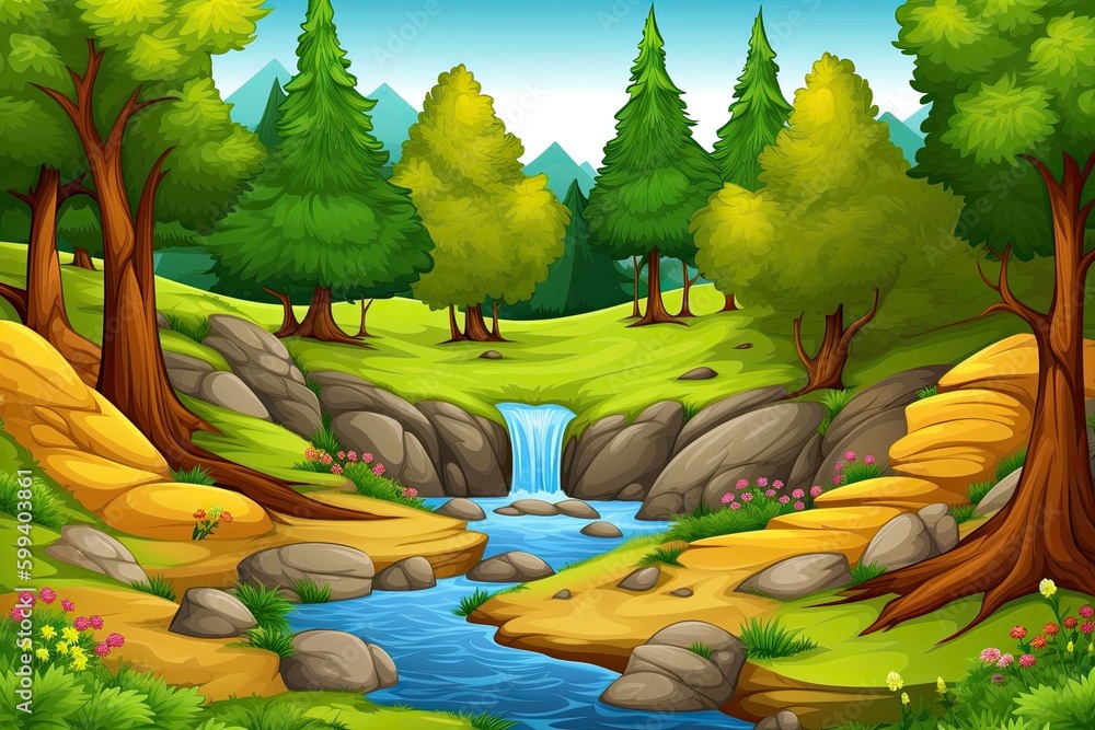 meandering river surrounded by vibrant green trees and foliage Generative AI