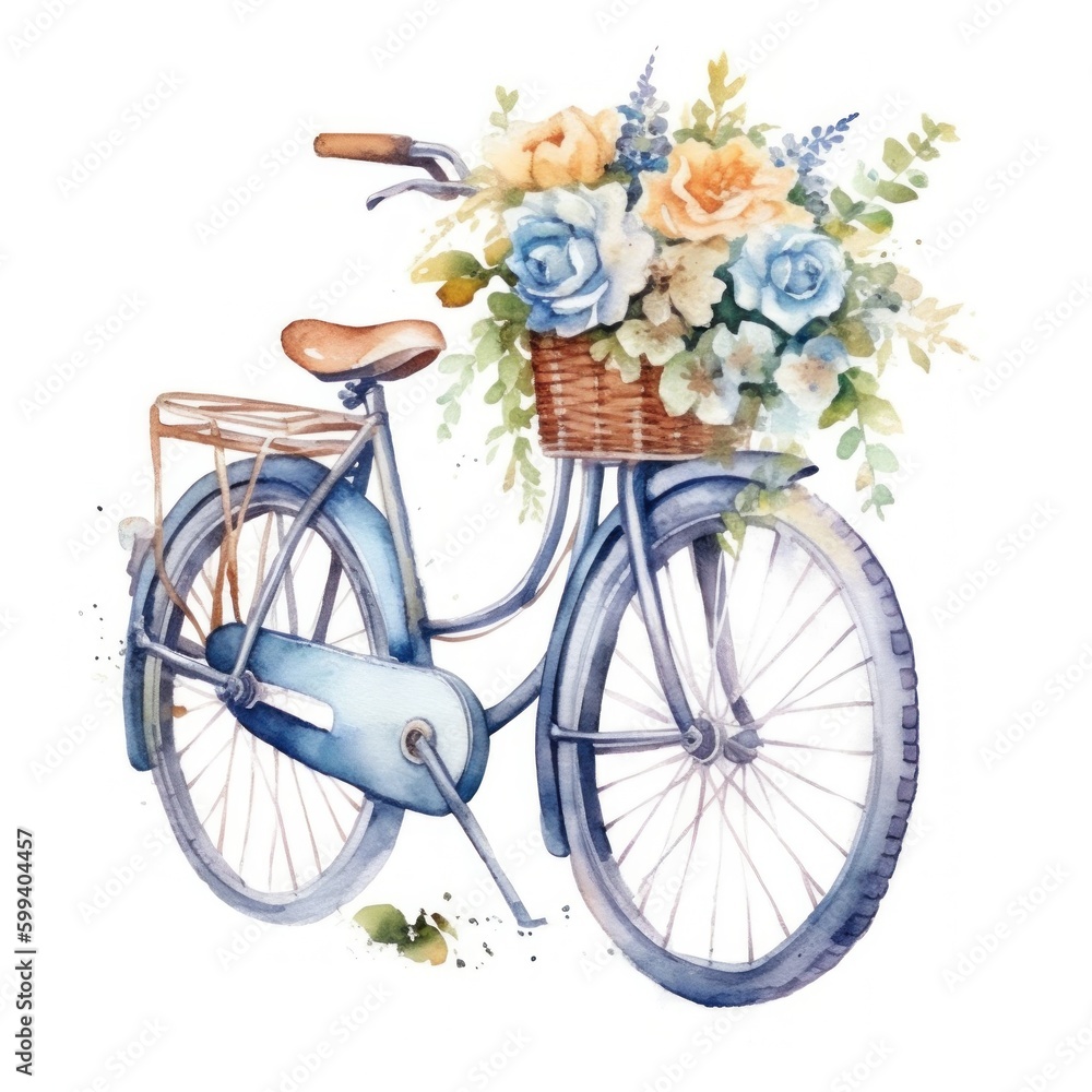 Cute watercolor bicycle with flowers. Illustration AI Generative.