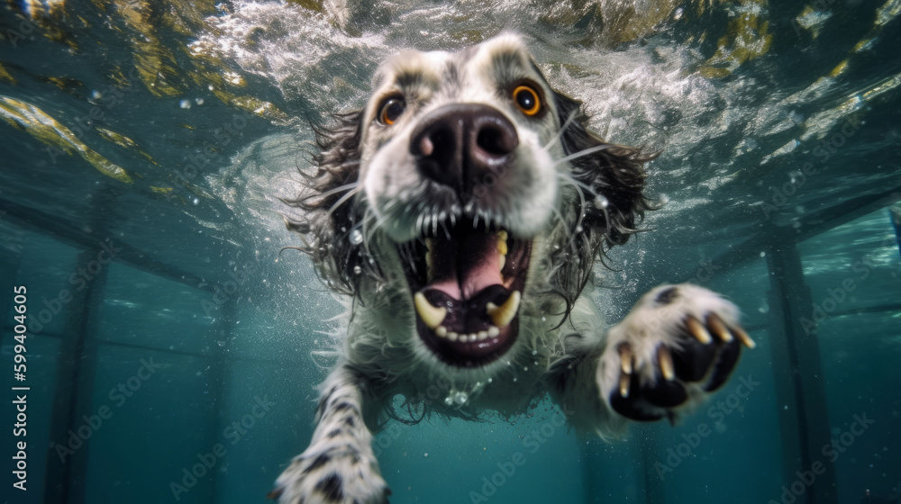 Cute dog underwater. Illustration AI Generative.