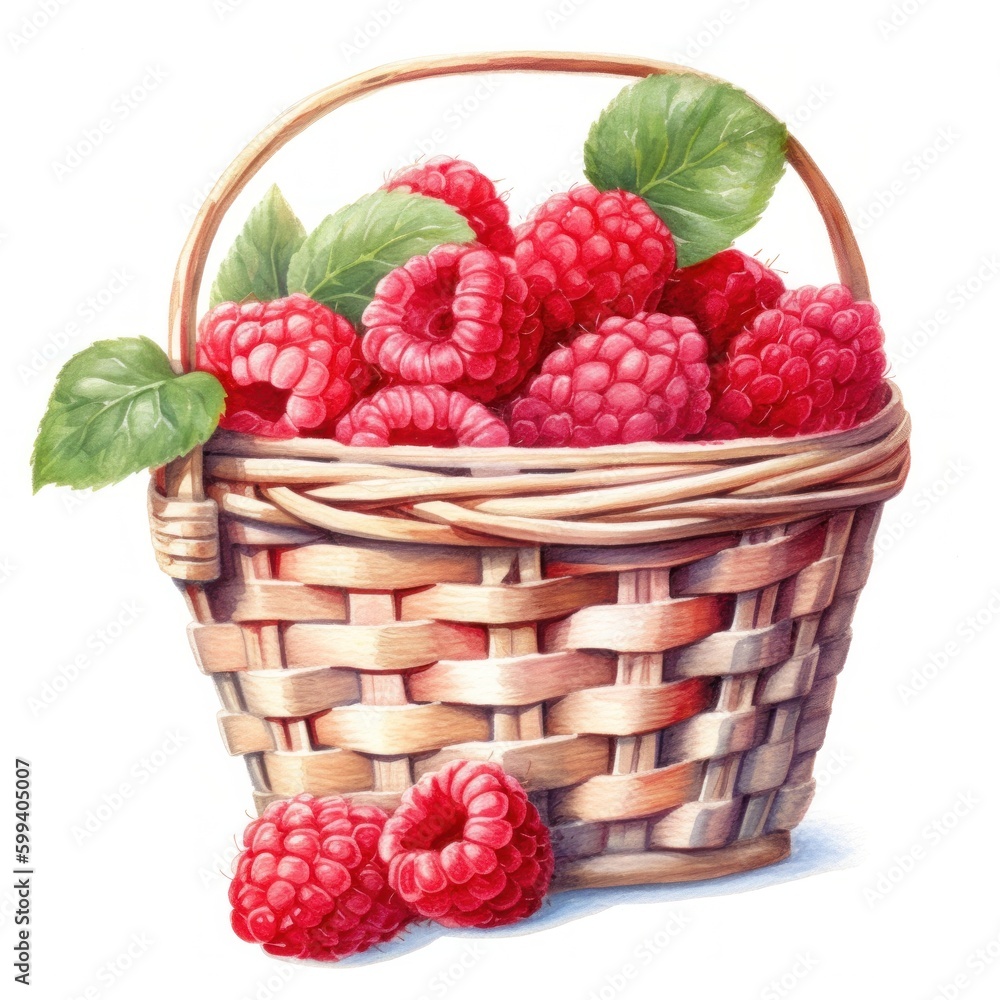 Watercolor raspberries in basket. Illustration AI Generative