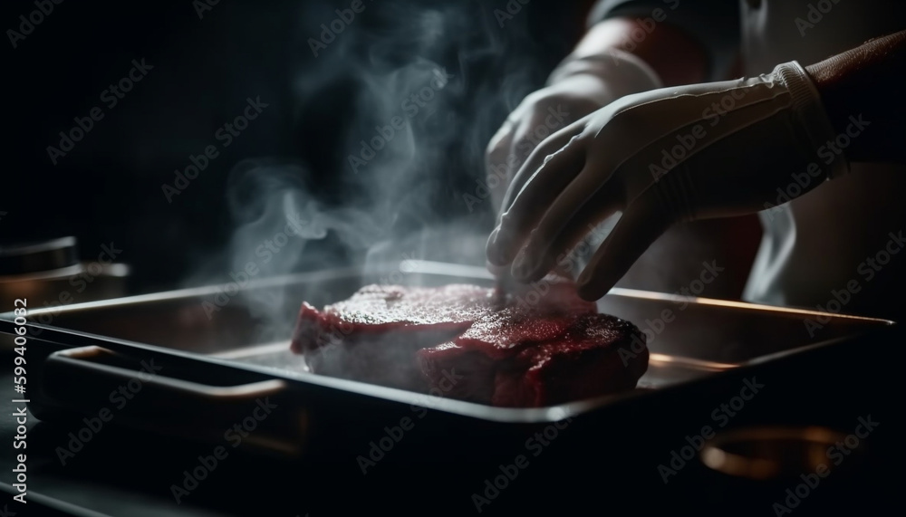 Grilled steak on plate held by chef generated by AI