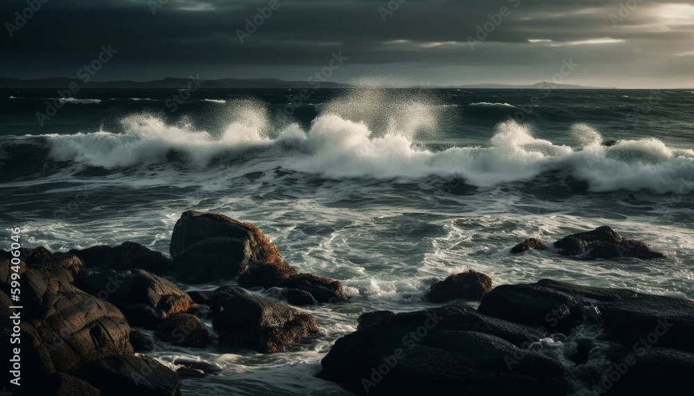 Breaking waves crash against rocky coastline at dusk generated by AI