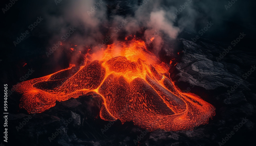 Burning mountain erupts, smoke and ash flowing generated by AI