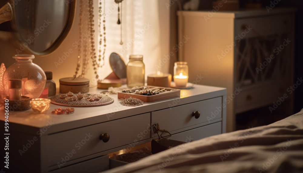 Cozy bedroom illuminated by candlelight and electric lamp generated by AI