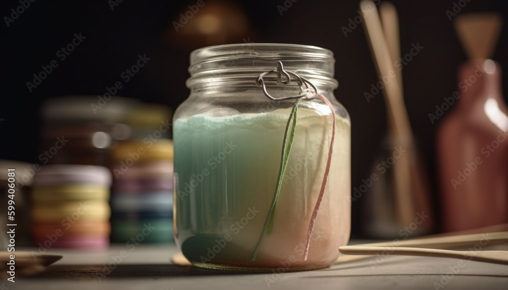 Fresh organic drink in glass bottle jar generated by AI