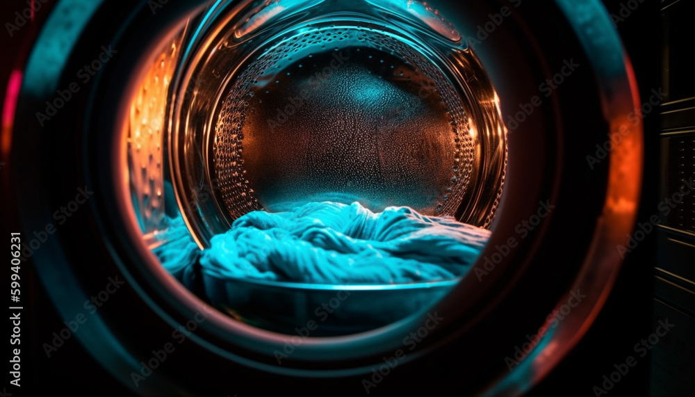 Clean clothing spinning in blue washing machine generated by AI