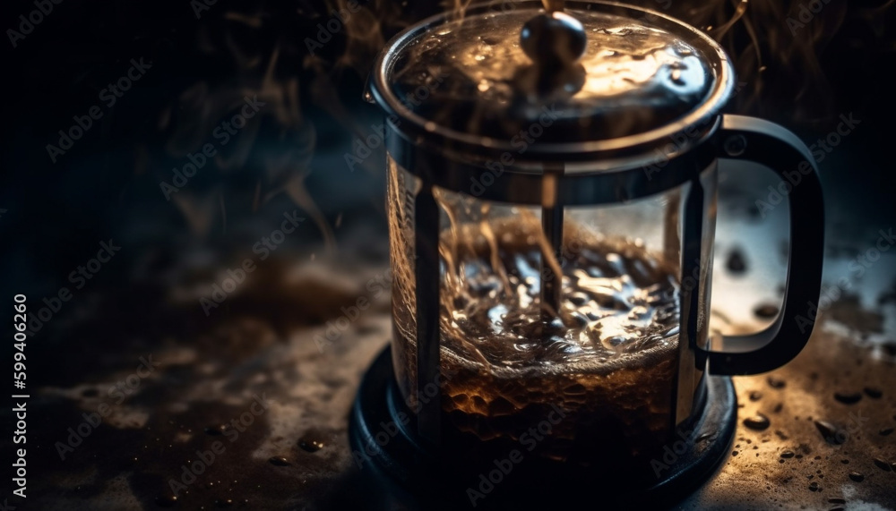 Hot drink in rustic mug on wooden table generated by AI