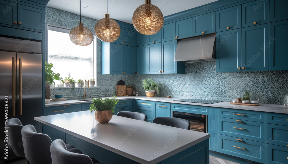 Modern domestic kitchen design with elegant blue decor generated by AI