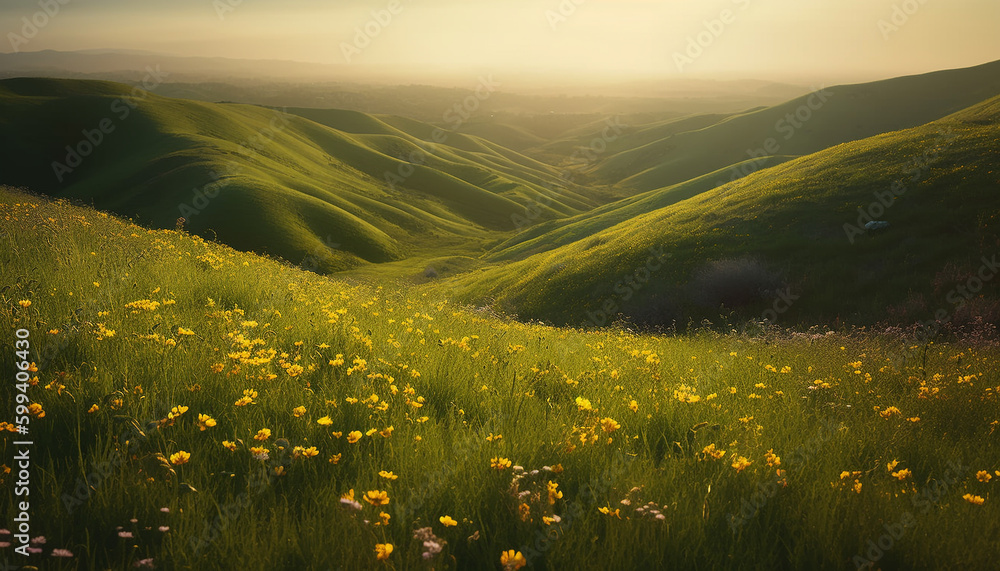 Yellow wildflowers bloom in tranquil meadow landscape generated by AI