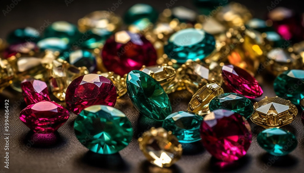 Shiny gemstones in vibrant colors, luxury jewelry generated by AI