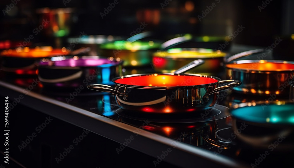 Glowing stove burner heats cooking pan for meal generated by AI