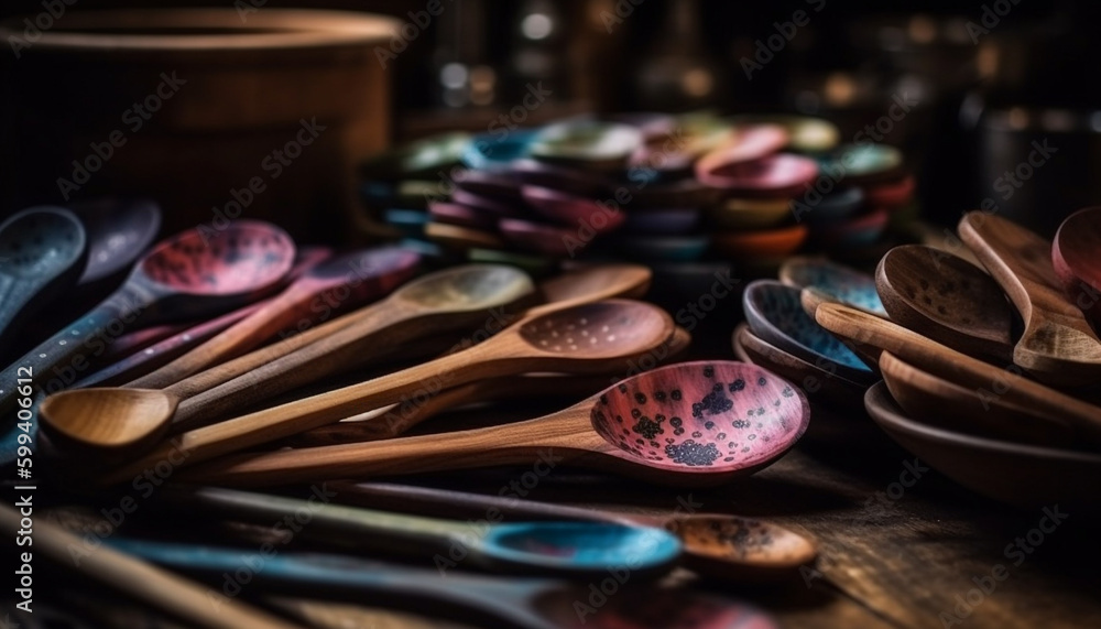 Wooden kitchen utensils collection, rustic and homemade generated by AI