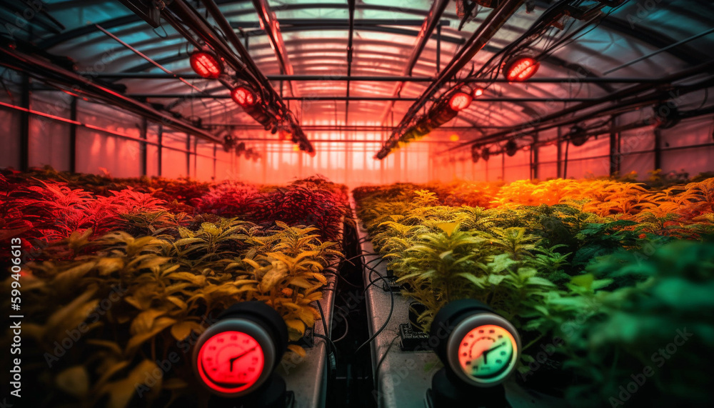 Modern greenhouse equipment illuminates vibrant plant growth inside generated by AI