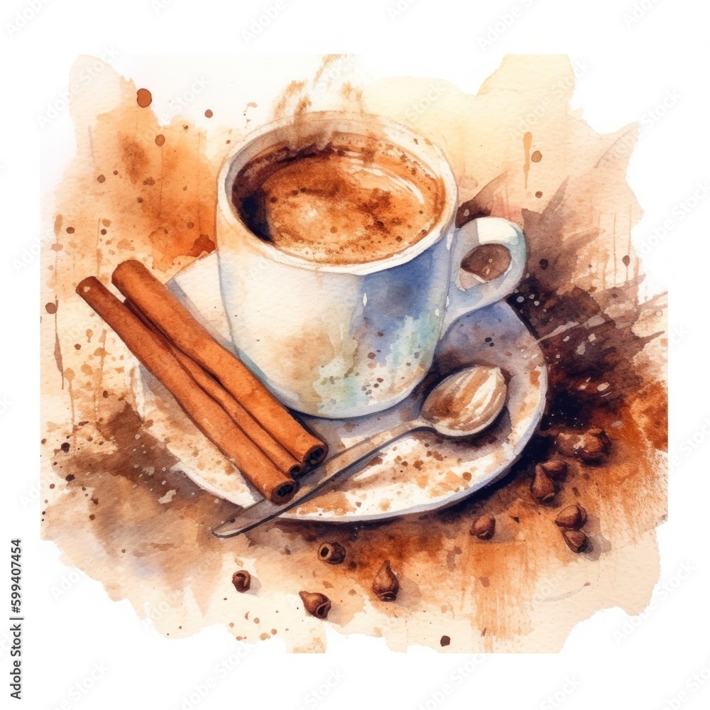 Watercolor coffee with cinnamon. Illustration AI Generative.