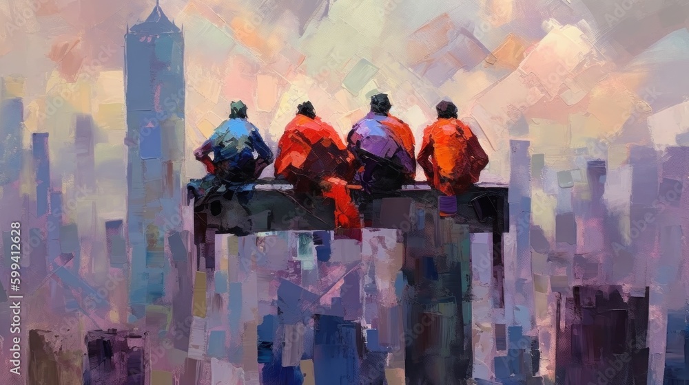 Impressionist painting superheroes in city. Illustration Generative AI