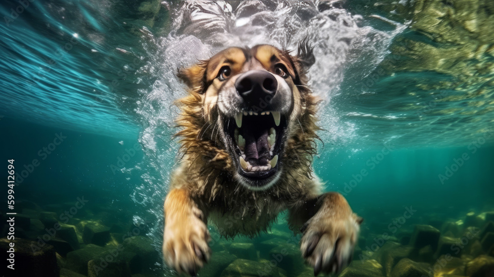 Cute dog underwater. Illustration AI Generative.