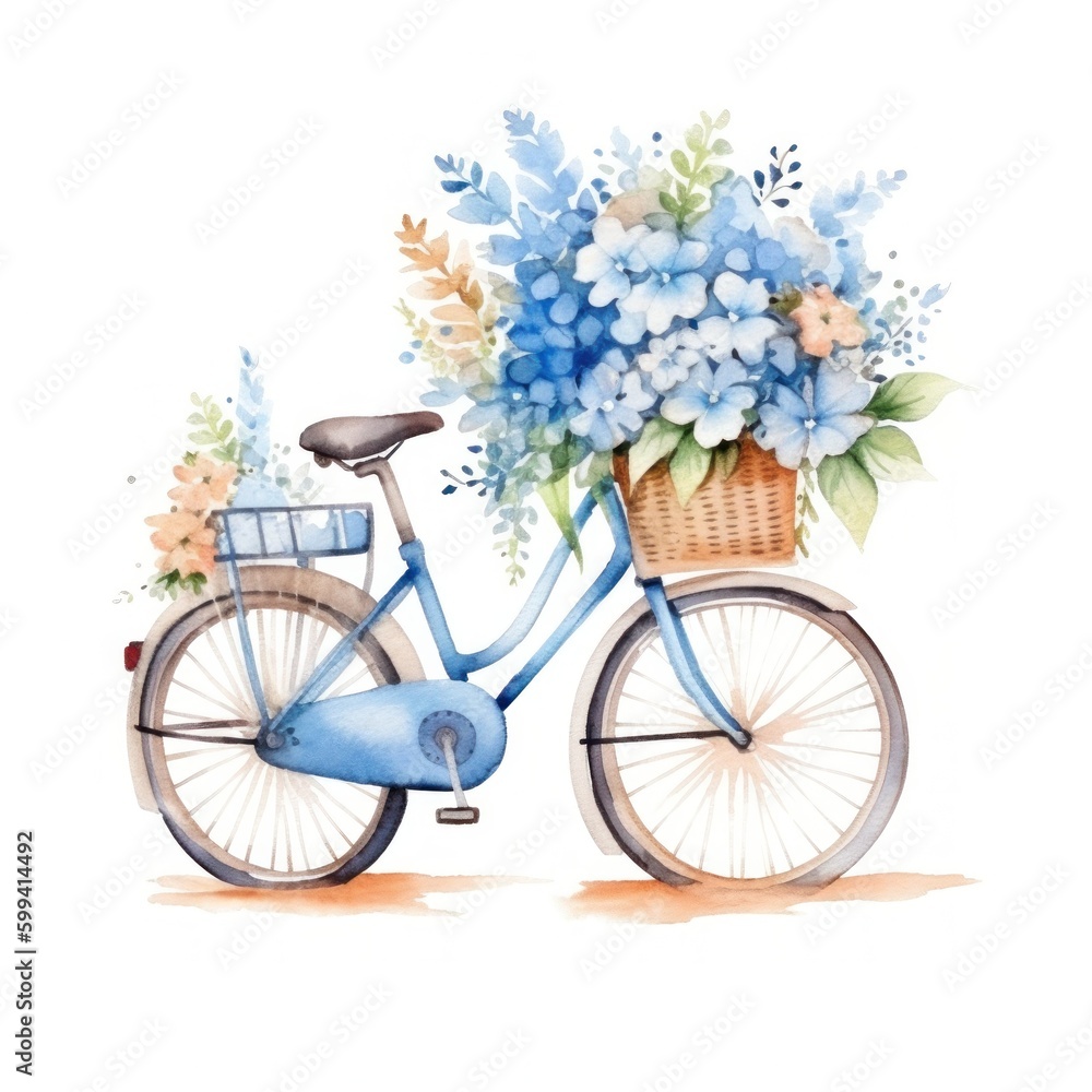 Cute watercolor bicycle with flowers. Illustration AI Generative.