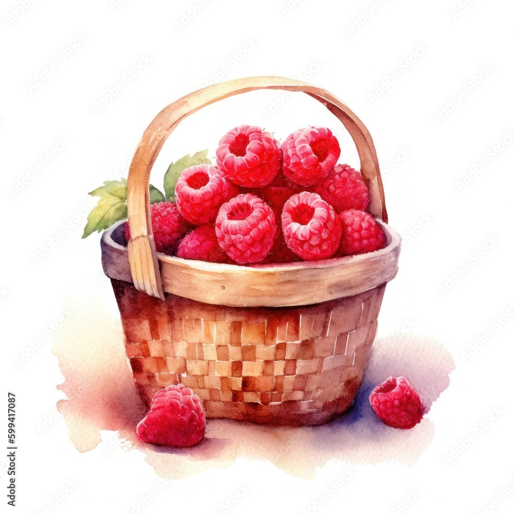 Watercolor raspberries in basket. Illustration AI Generative