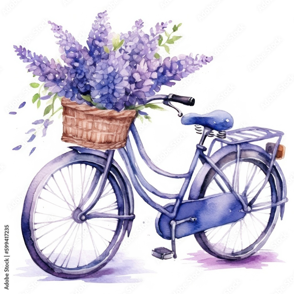 Cute watercolor bicycle with flowers. Illustration AI Generative.