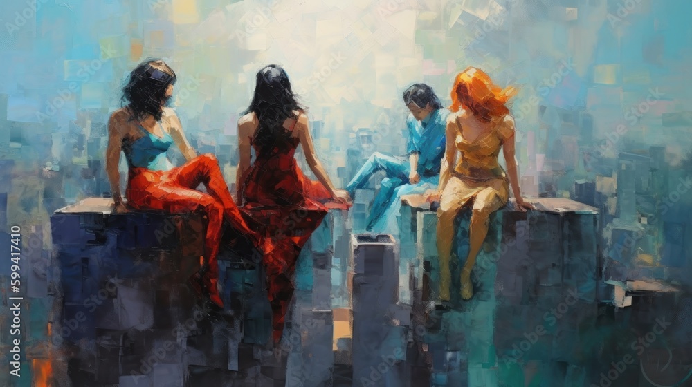 Impressionist painting superheroes in city. Illustration Generative AI