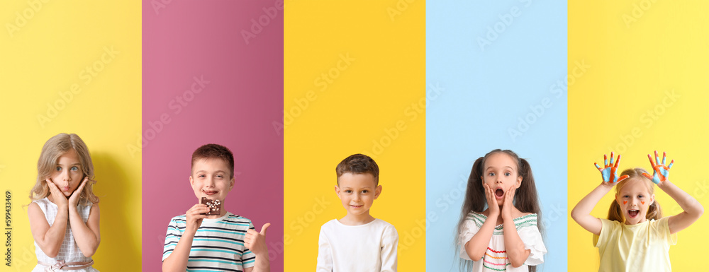 Collection of different little children on color background