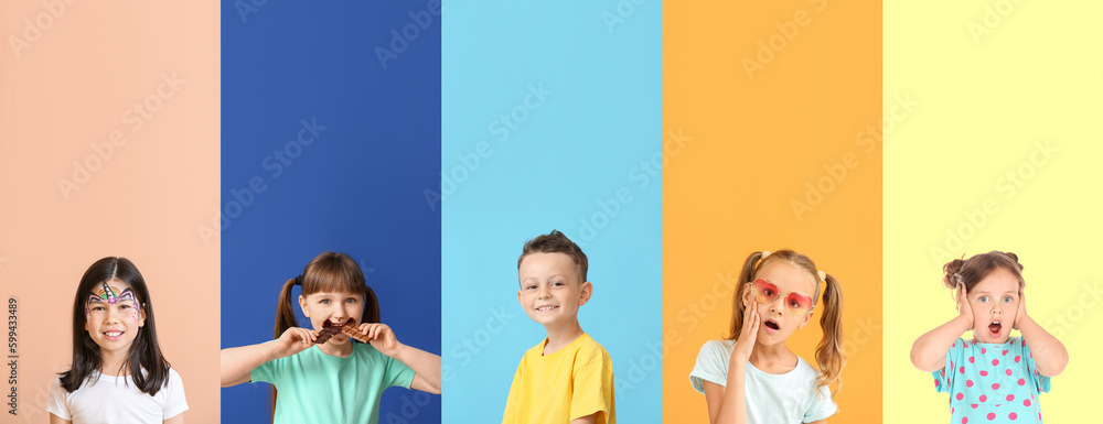 Group of different children on color background