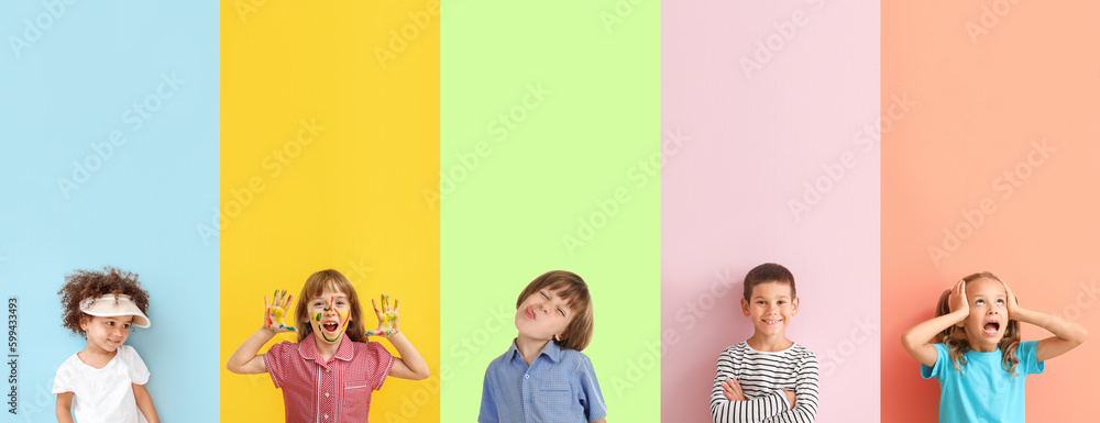 Collage of different children on color background