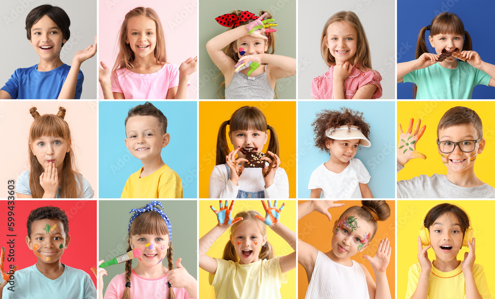 Collection of different cute children on color background