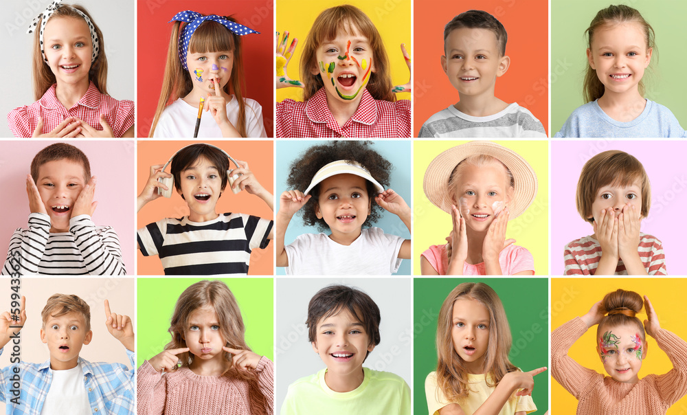 Collage of different adorable children on color background