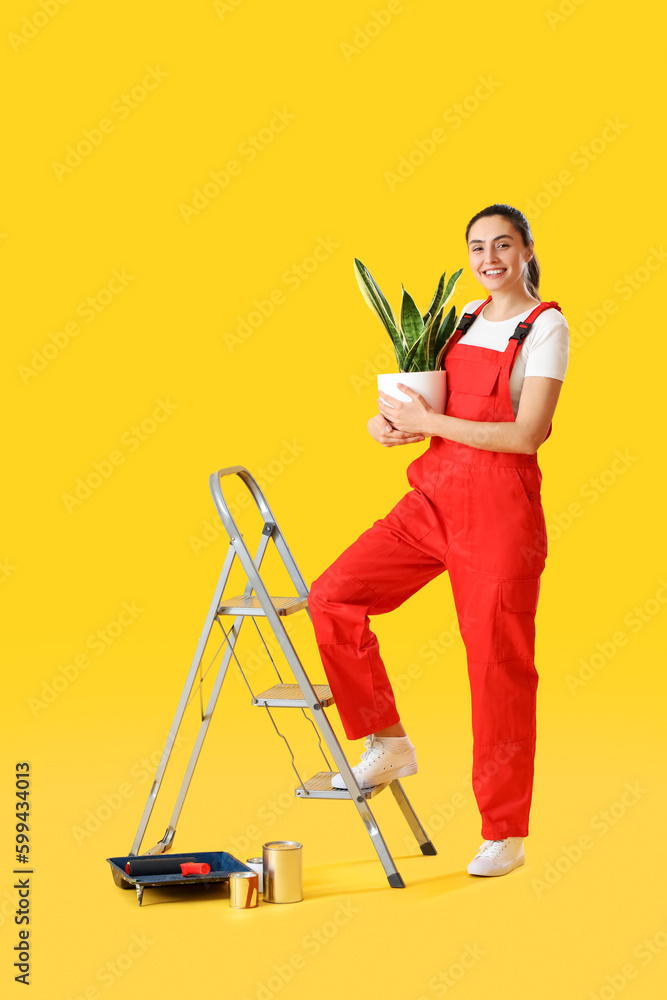 Young woman with houseplant, ladder and paint cans on yellow background