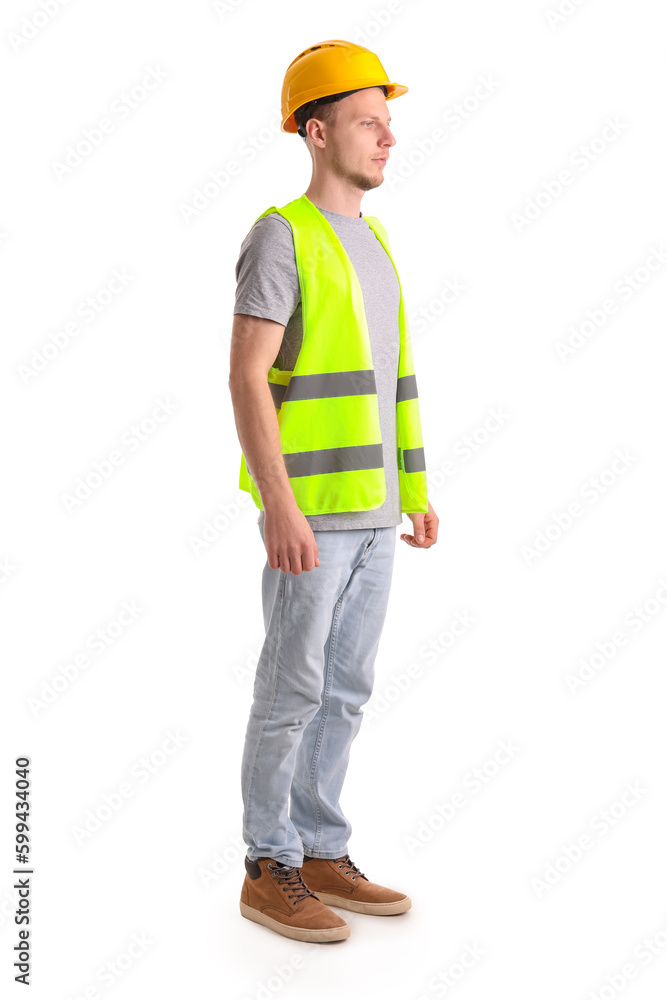 Male worker in vest and hardhat on white background