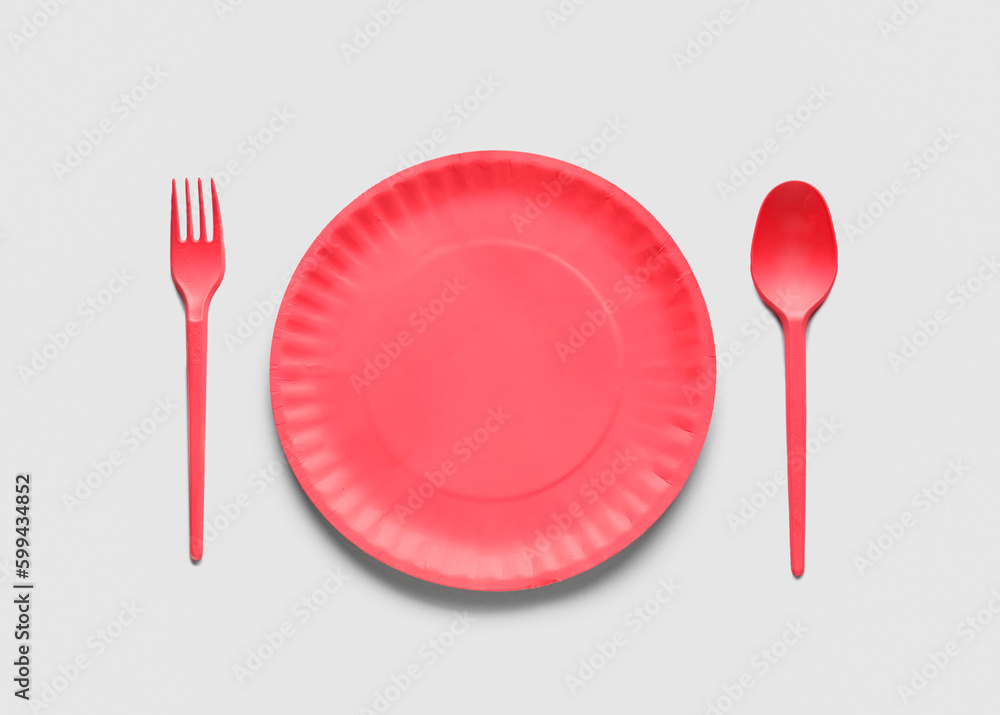 Plate and cutlery on light background