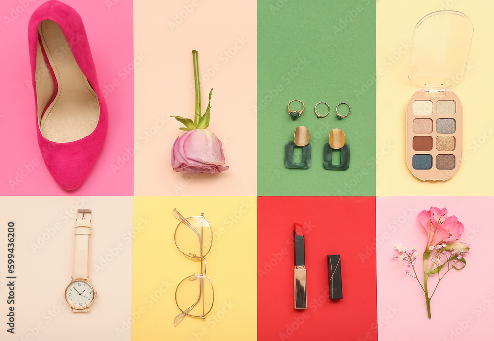 Composition with stylish female accessories, cosmetics and flowers on color background