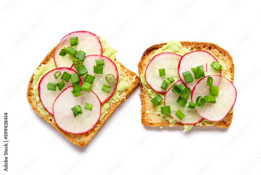 Delicious bruschettas with radish and green onion isolated on white background