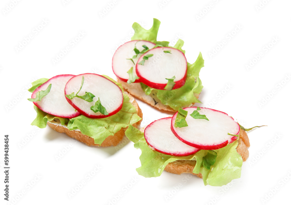 Delicious bruschettas with radish and lettuce isolated on white background