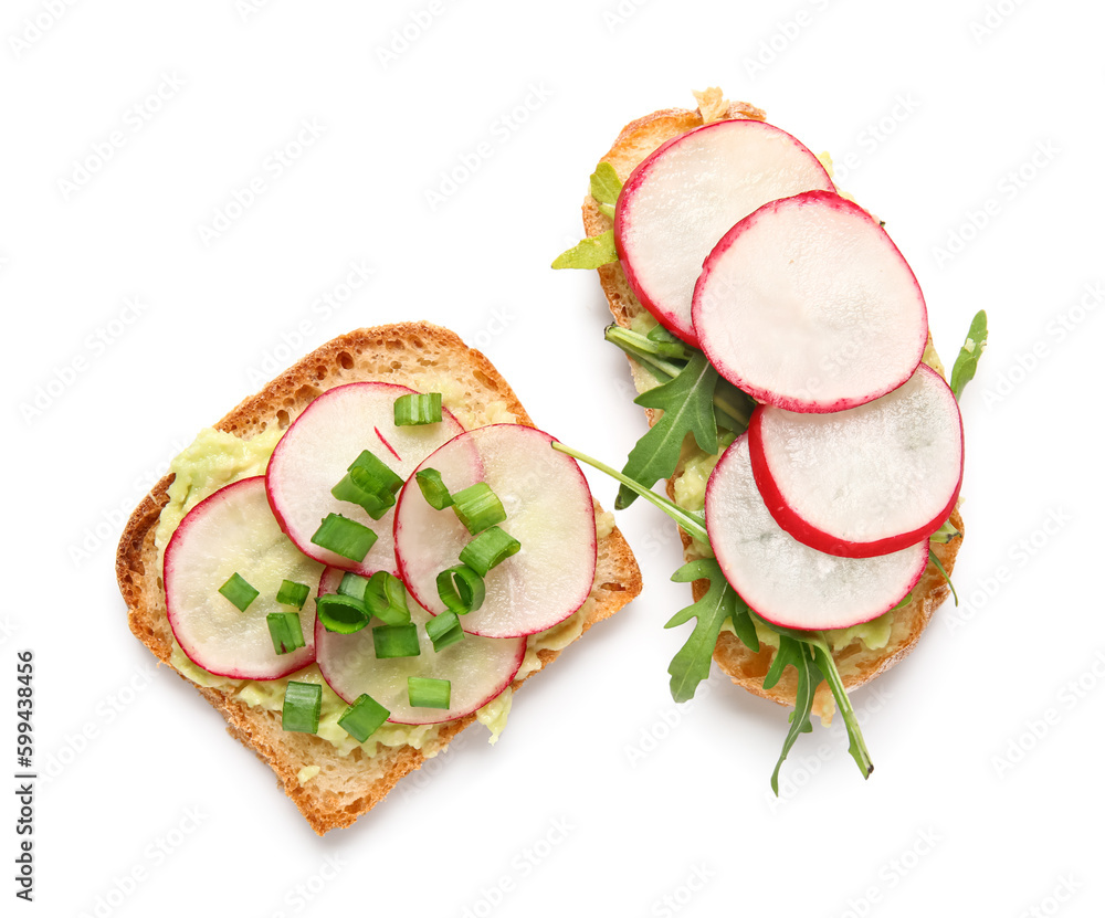 Delicious bruschettas with radish, green onion and arugula isolated on white background