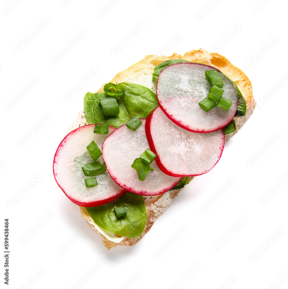 Delicious bruschetta with radish and spinach isolated on white background