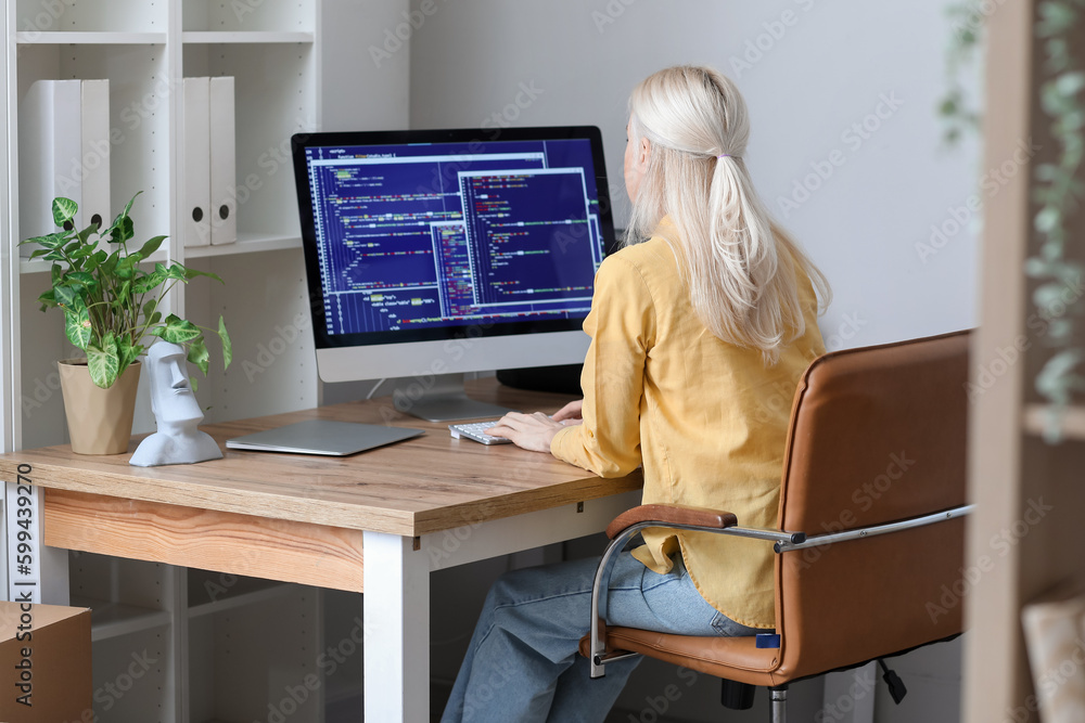 Mature female programmer working with computer at table in office