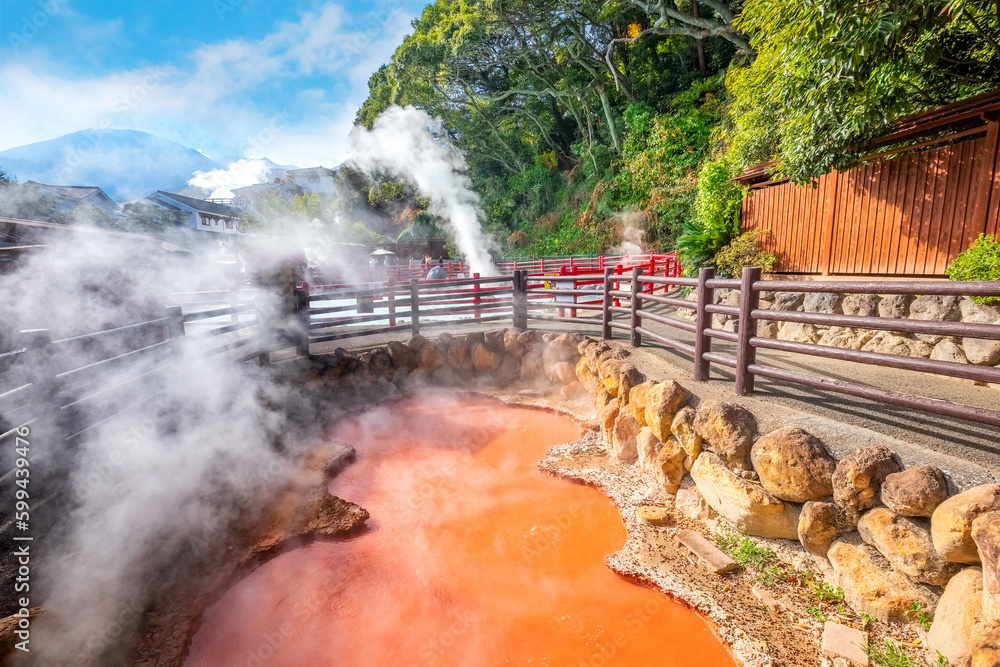 Beppu, Japan - Nov 25 2022: Kamado Jigoku hot spring in Beppu, Oita. The town is famous for its onse