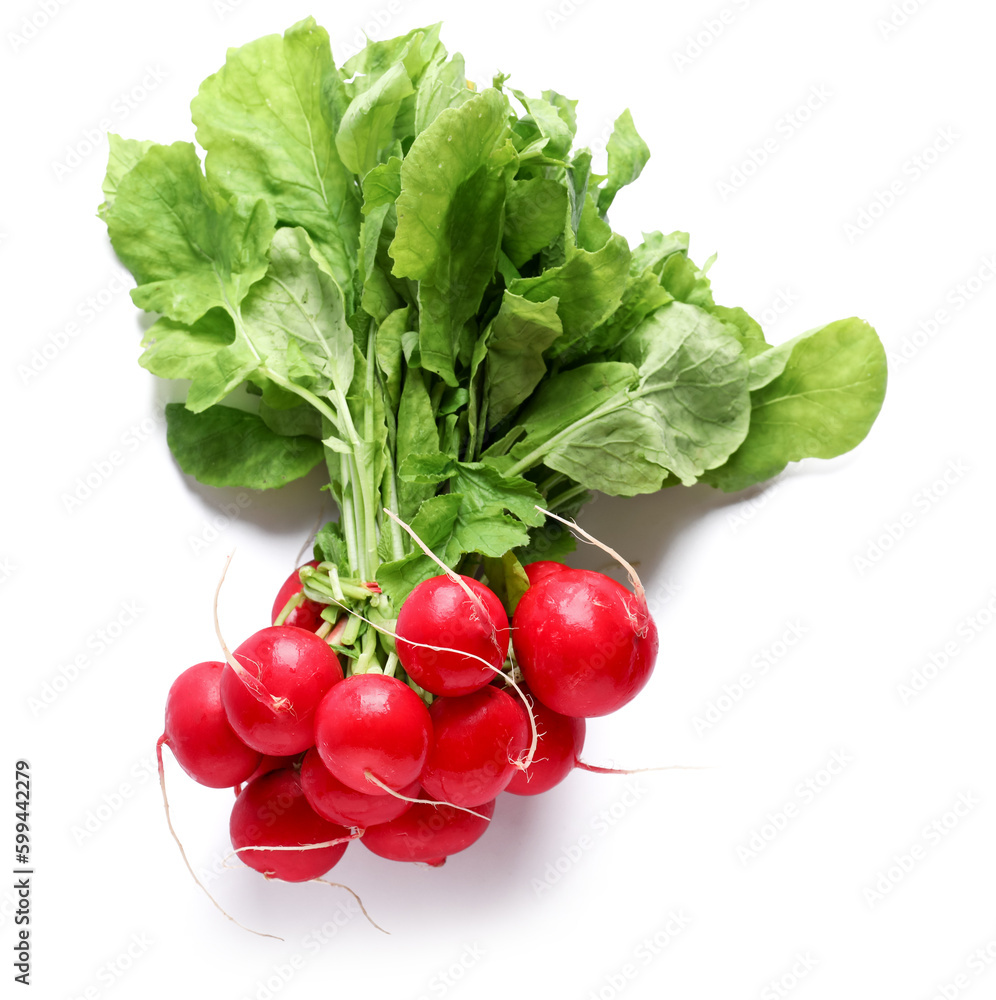 Fresh radishes with leaves on white background