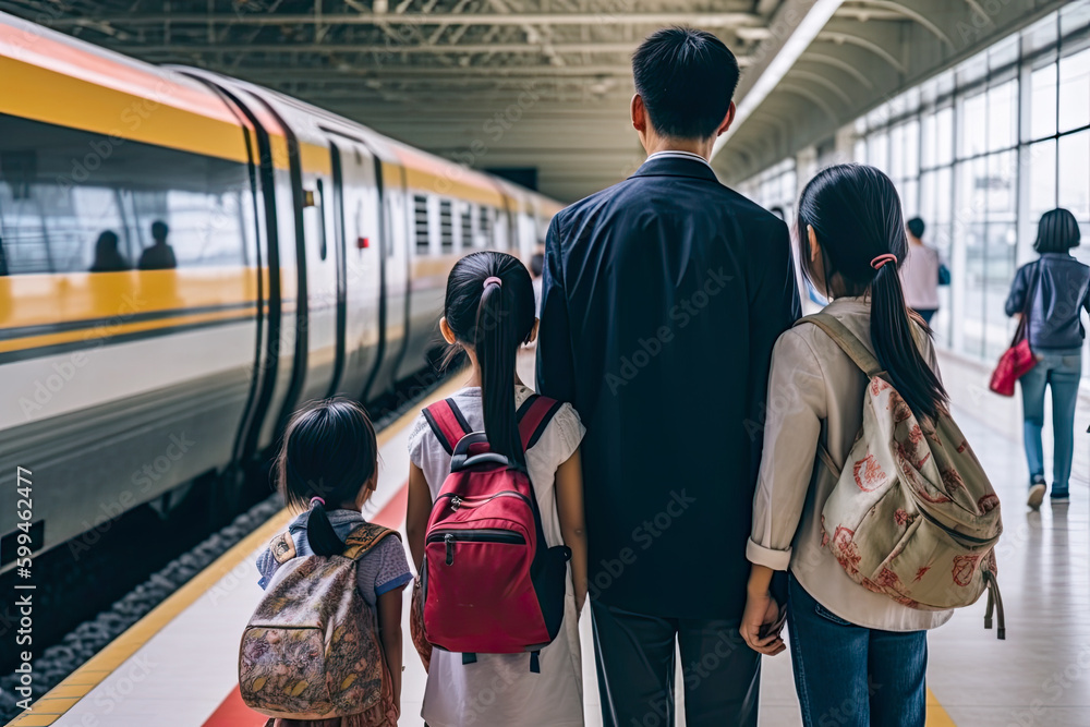 A family was waiting for relaxation and carefree at the station before taking the train. Travel phot