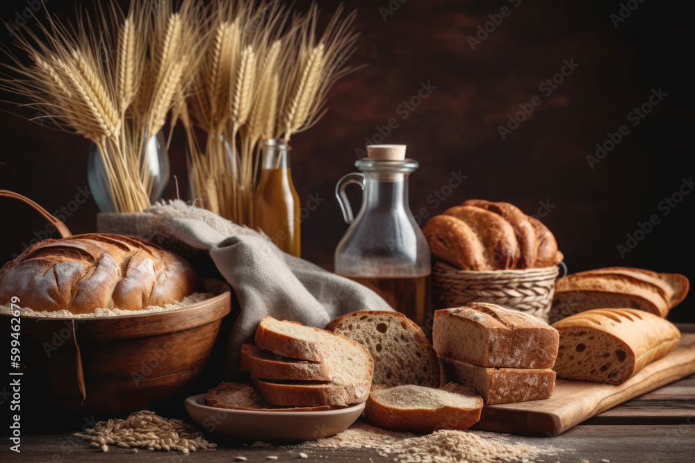 The simple bread rolls or French bread, wheat and flour on the black blackboard. Rural kitchen or ba